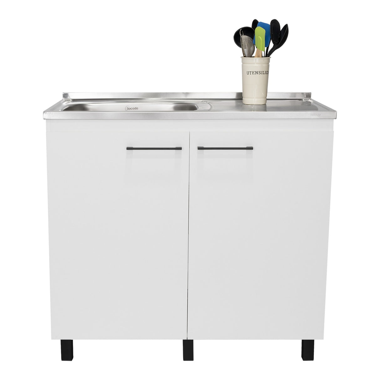 Mueble Inferior Napoles Blanco 100x89cm con Mesón de Acero Inoxidable y con Pozuelo Lado Izquierdo - Muebles Inferiores | Bylmo