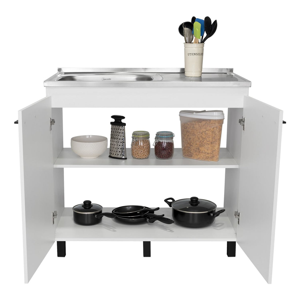 Mueble Inferior Napoles Blanco 100x89cm con Mesón de Acero Inoxidable y con Pozuelo Lado Izquierdo - Muebles Inferiores | Bylmo