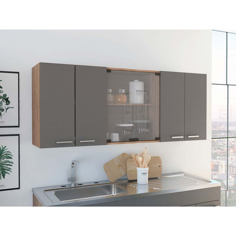 Mueble Superior de Cocina Miel y Plomo 150x60cm con Seis Puertas con Locero - Cocinas | Bylmo