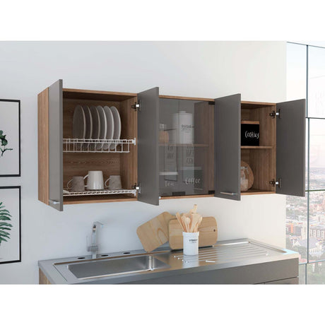 Mueble Superior de Cocina Miel y Plomo 150x60cm con Seis Puertas con Locero - Cocinas | Bylmo