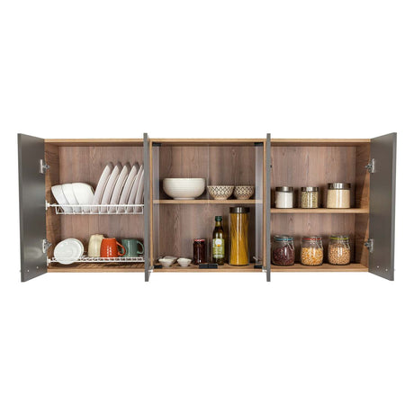 Mueble Superior de Cocina Miel y Plomo 150x60cm con Seis Puertas con Locero - Cocinas | Bylmo