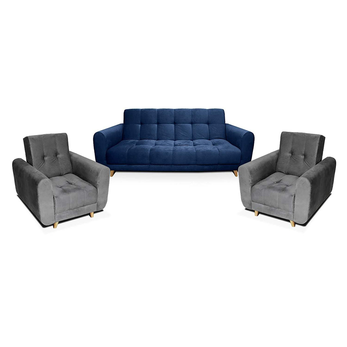 Sala Clic Clac Archer Azul 210 cm con Sofá de 3 Puestos y 2 Poltronas Reclinables Grises