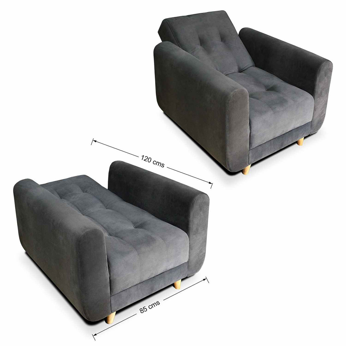 Sala Clic Clac Archer Azul 210 cm con Sofá de 3 Puestos y 2 Poltronas Reclinables Grises