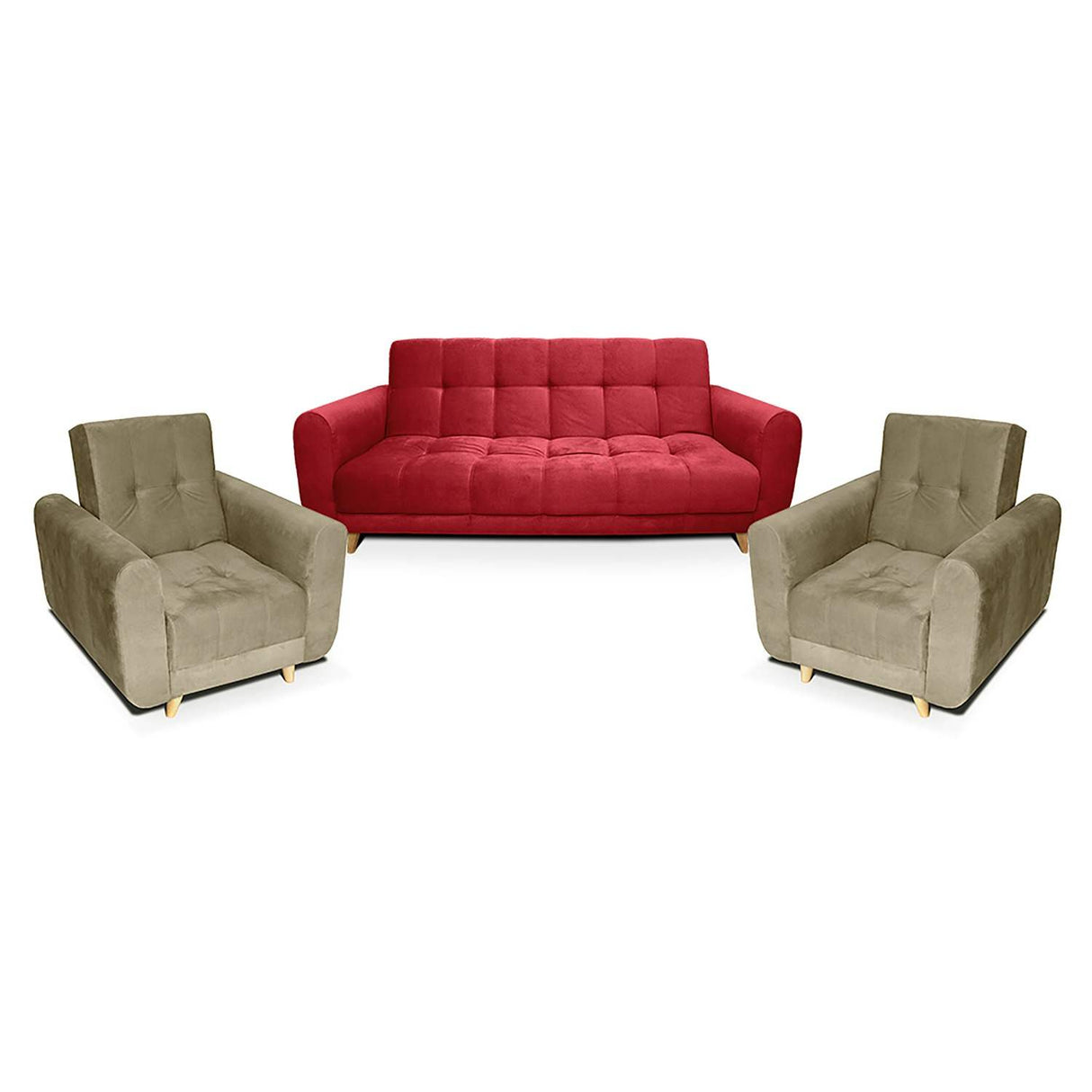 Sala Clic Clac Archer Rojo 210 cm con Sofá de 3 Puestos y 2 Poltronas Reclinables Camel