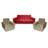 Sala Clic Clac Archer Rojo 210 cm con Sofá de 3 Puestos y 2 Poltronas Reclinables Camel