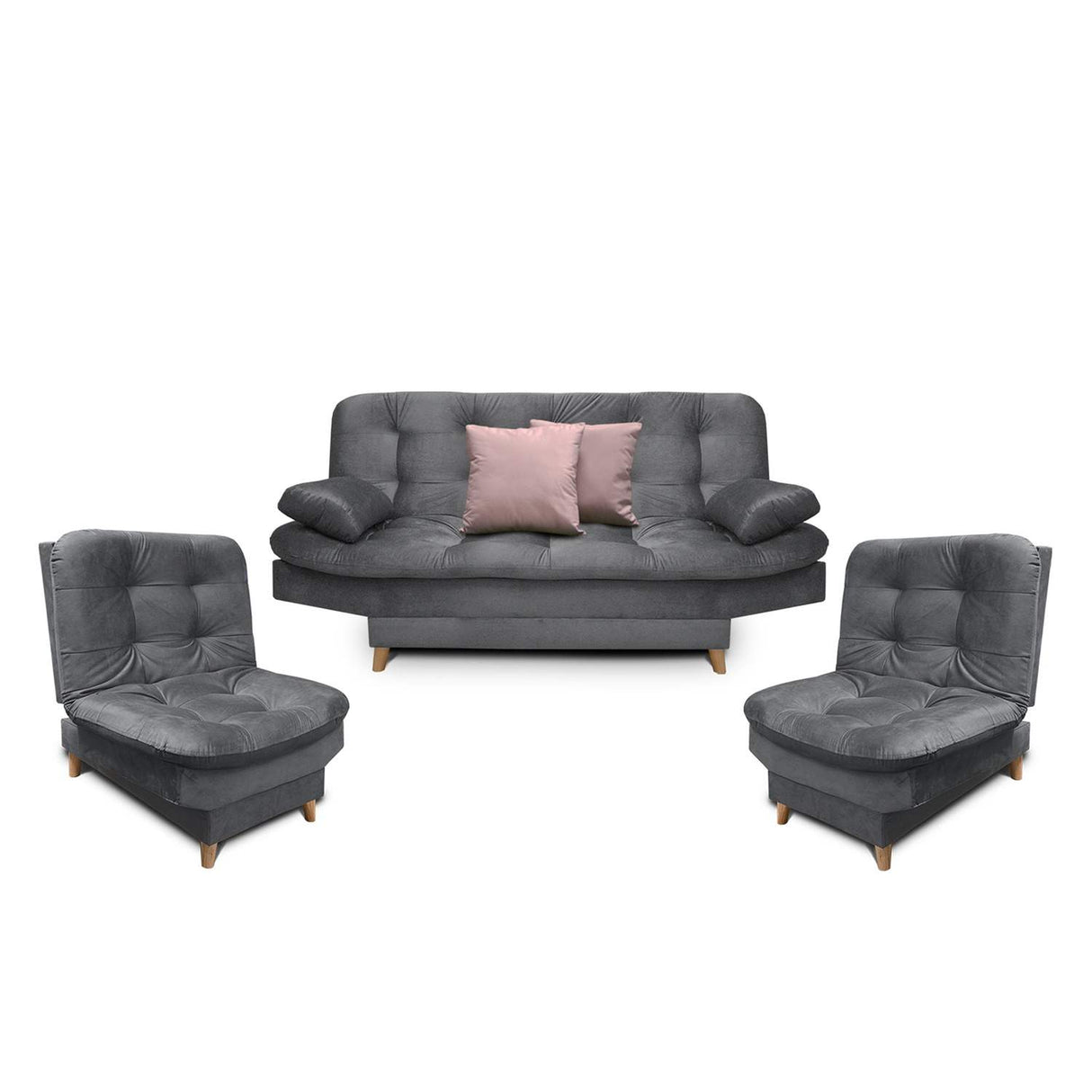 Sala Clic Clac Fendik Gris 210 cm con Sofá de 3 Puestos, 2 Poltronas Reclinables y Cojines Decorativos