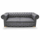 Sofá Chesterfield Cuero Gris 210x78cm De 3 Puestos con Apoya Brazos
