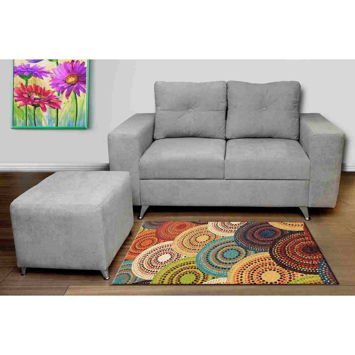 Combo Sofá y Puff Musso Gris 165x82cm De 3 Puestos con Apoya Brazos