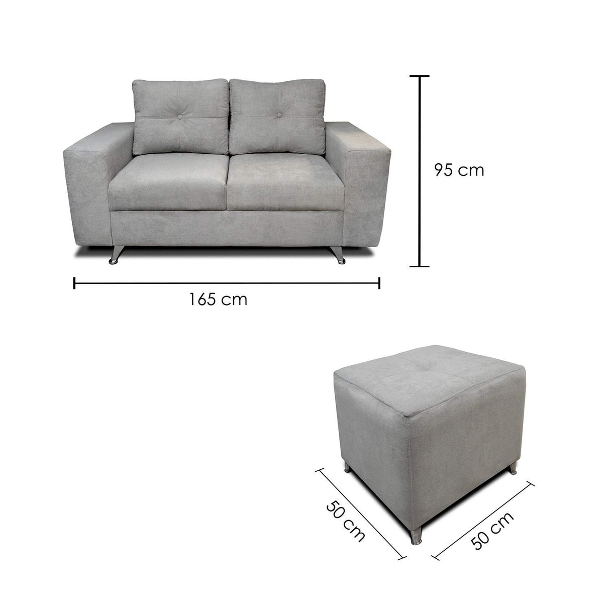 Combo Sofá y Puff Musso Gris 165x82cm De 3 Puestos con Apoya Brazos