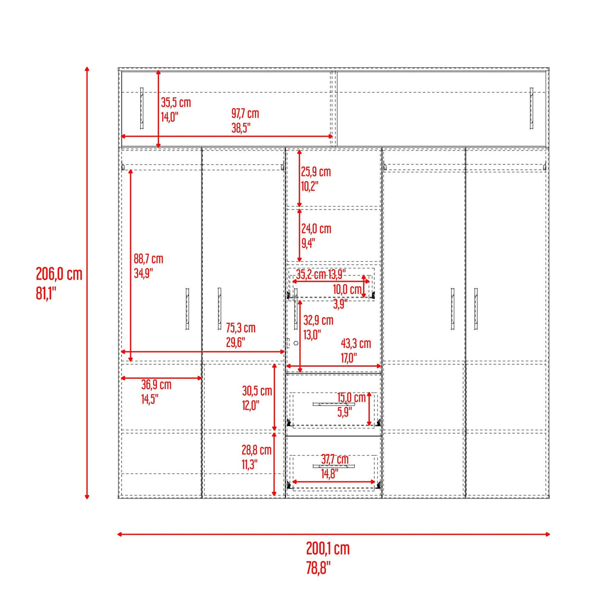 Closet Montevideo Bardolino y Blanco 200.1x206cm con 3 Cajones con 4 Entrepaños - Closets | Bylmo