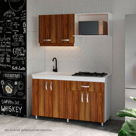 Cocina Ambar Blanco y Gracia 150x212cm Con Meson de Marmol Sintético y Estufa Esmaltada - COCINAS | Bylmo