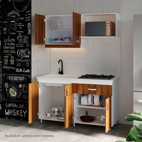 Cocina Ambar Blanco y Gracia 150x212cm Con Meson de Marmol Sintético y Estufa Esmaltada - COCINAS | Bylmo