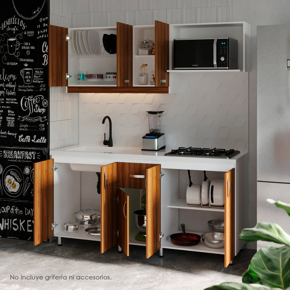 Cocina Ambar Blanco y Gracia 180x213cm Con Meson de Marmol Sintético y Estufa - COCINAS | Bylmo