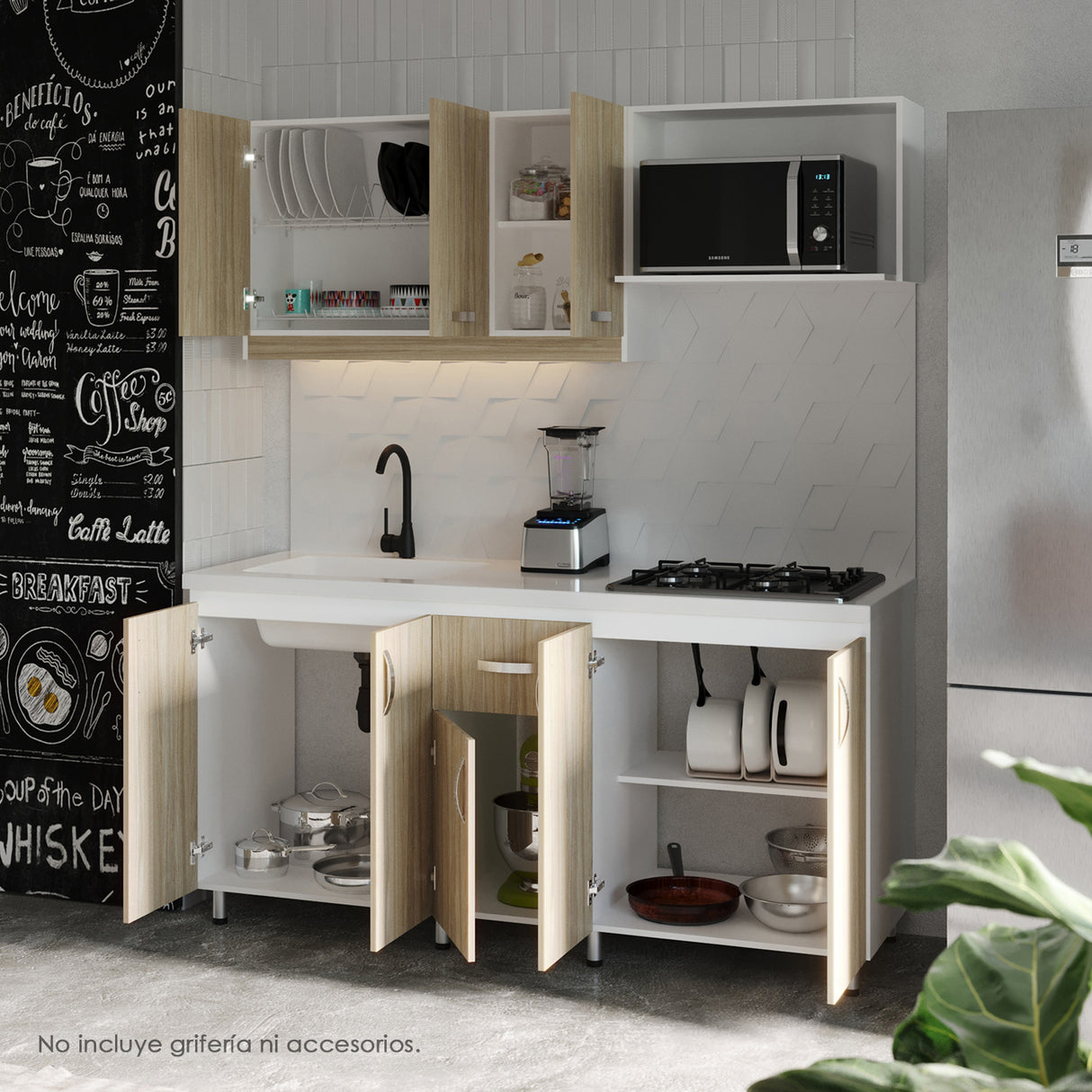 Cocina Ambar Blanco y Soder 180x213cm Con Meson de Marmol Sintético y Estufa - COCINAS | Bylmo