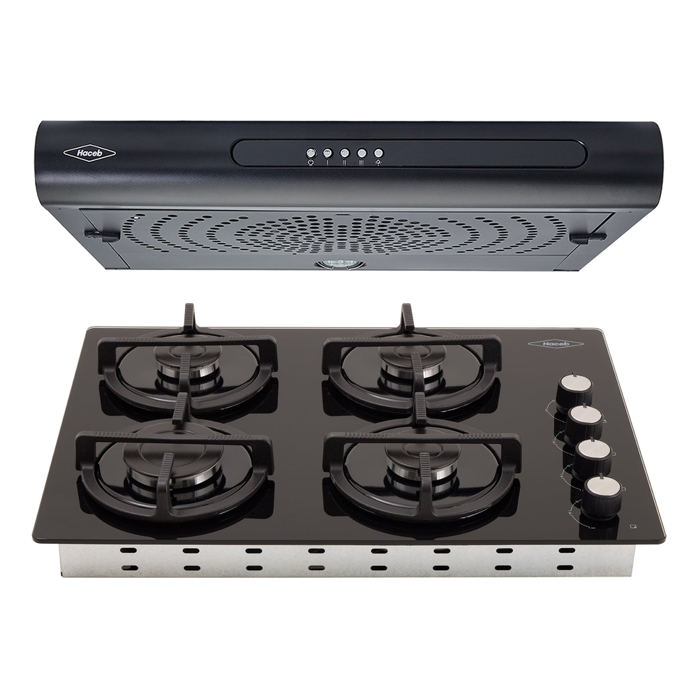 Combo Estufa de Empotrar Cristal Negro 4 Puestos y Campana Tofu Negro