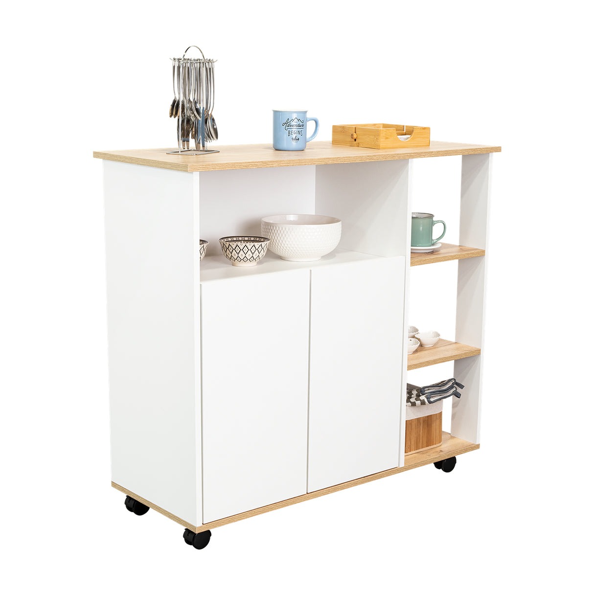 Mesón BiColor Blanco 100x90cm con Cuatro Entrepaños y Cinco Compartimientos - Barras y Muebles Auxiliares | Bylmo