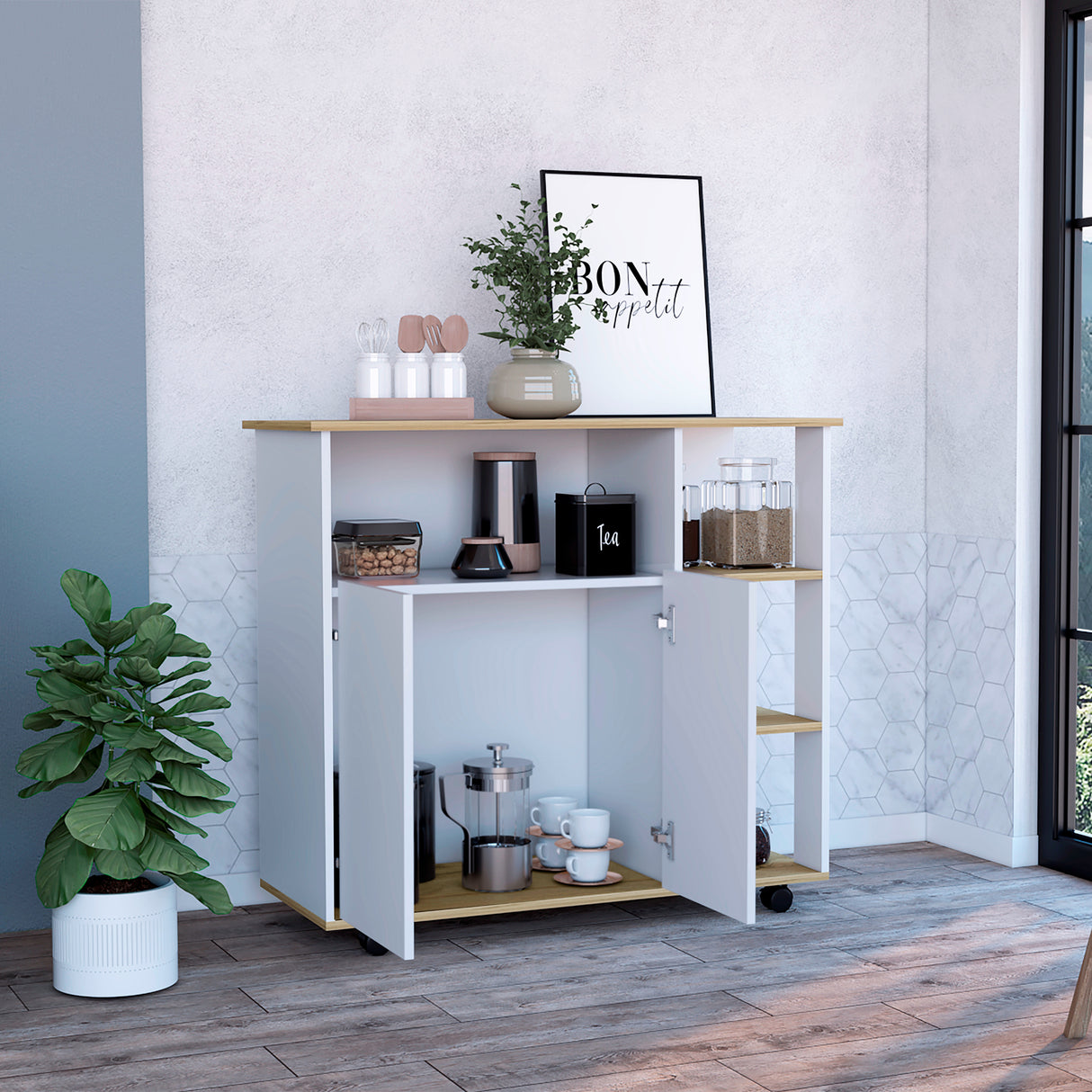 Mesón BiColor Blanco 100x90cm con Cuatro Entrepaños y Cinco Compartimientos - Barras y Muebles Auxiliares | Bylmo