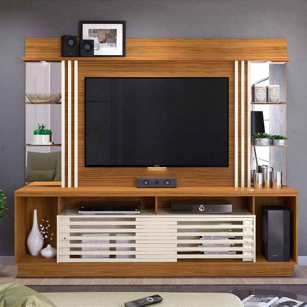 Centro de Entretenimiento Frizz Gold Cafe y Blanco 230 cm con Dos Puertas y Entrepaños de Vidrio - Muebles para TV | Bylmo