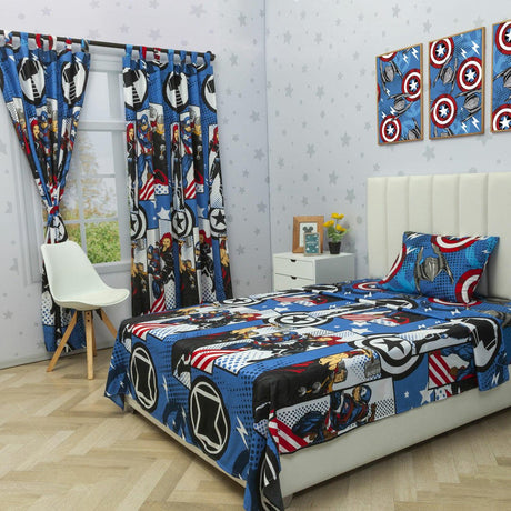 Combo Juego de Sabanas y Cortina Infantil Microfibra Sencilla 100 cm Azul de Avengers - Ropa de Cama | Bylmo