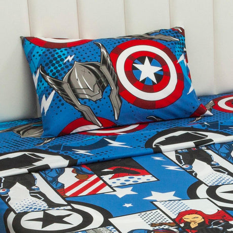 Combo Juego de Sabanas y Cortina Infantil Microfibra Sencilla 100 cm Azul de Avengers - Ropa de Cama | Bylmo