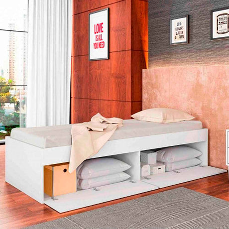Cama Tokio Sencilla 90 cm Blanco con Cuatro Puertas - Camas | Bylmo
