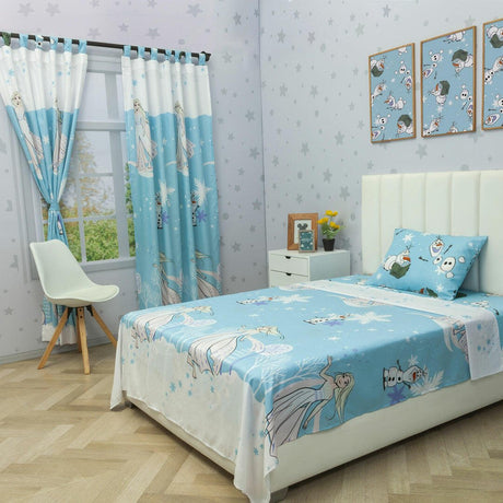 Combo Juego de Sabanas y Cortina Infantil Microfibra Sencilla 100 cm Azul Claro de Frozen - Ropa de Cama | Bylmo
