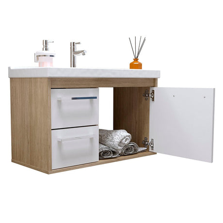 Mueble Salvatore Savana y Blanco 63 cm con Espejo, Una Puerta y Dos Cajones - Gabinetes | Bylmo