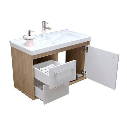 Mueble Salvatore Savana y Blanco 63 cm con Espejo, Una Puerta y Dos Cajones