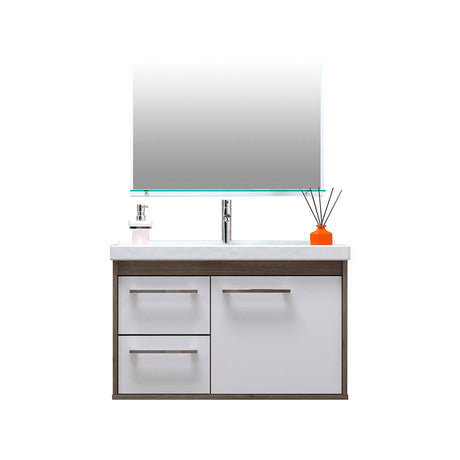 Mueble Salvatore Savana y Blanco 63 cm con Espejo, Una Puerta y Dos Cajones - Gabinetes | Bylmo