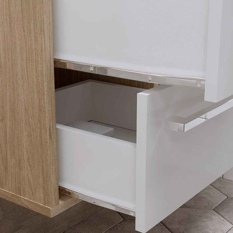 Mueble Salvatore Savana y Blanco 63 cm con Espejo, Una Puerta y Dos Cajones - Gabinetes | Bylmo