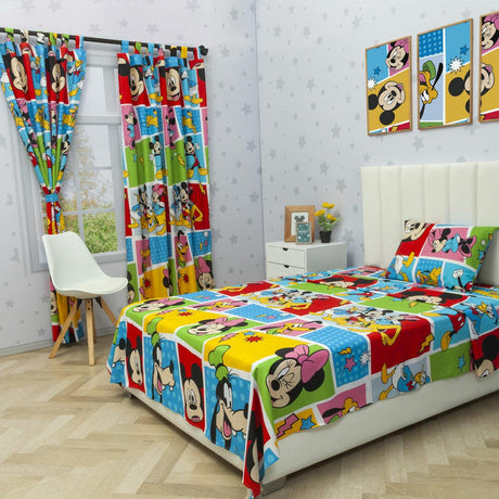 Combo Juego de Sabanas y Cortina Infantil Microfibra Sencilla 100 cm Blanco de Mickey y Sus Amigos - Ropa de Cama | Bylmo
