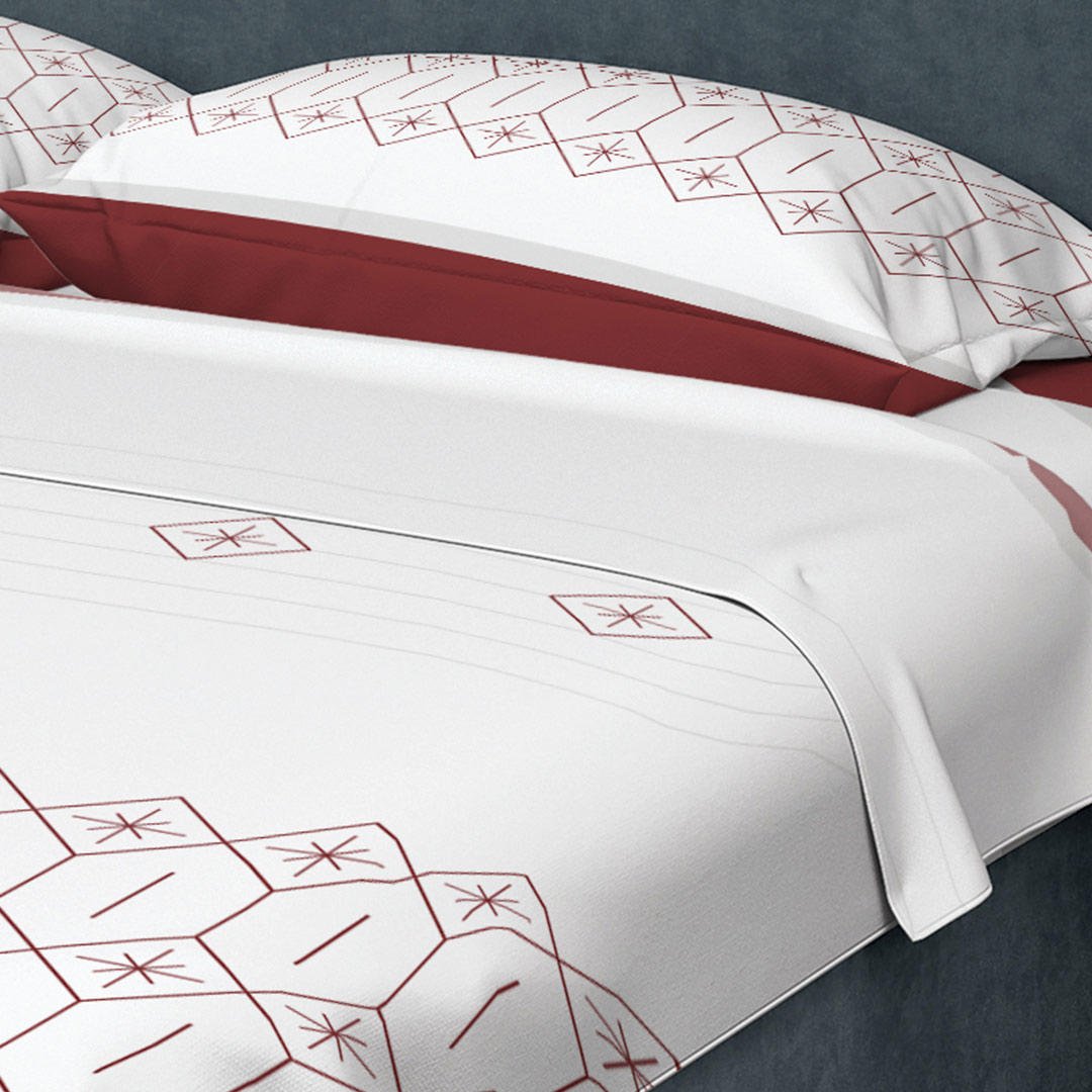 Juego de Sabanas Algodón 250 Hilos King 200 cm Blanco con Figuras Vino Tinto - Ropa de Cama | Bylmo