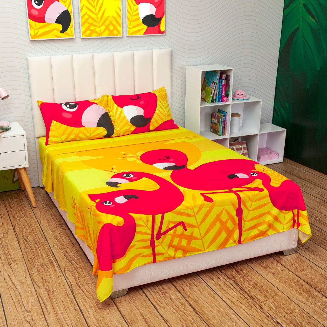 Juego de Sabanas Infantil Microfibra Semidoble 120 cm Amarillo de Flamencos - Ropa de Cama | Bylmo
