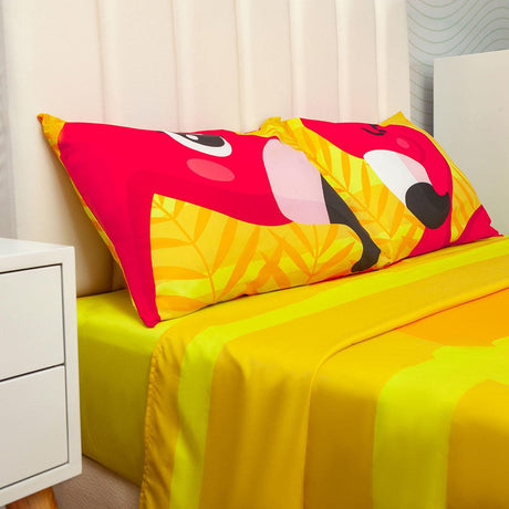 Juego de Sabanas Infantil Microfibra Semidoble 120 cm Amarillo de Flamencos - Ropa de Cama | Bylmo