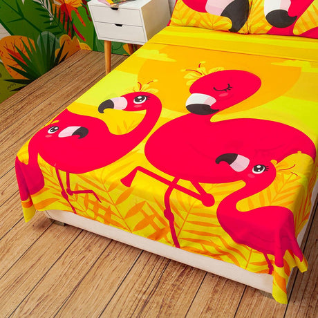 Juego de Sabanas Infantil Microfibra Semidoble 120 cm Amarillo de Flamencos - Ropa de Cama | Bylmo