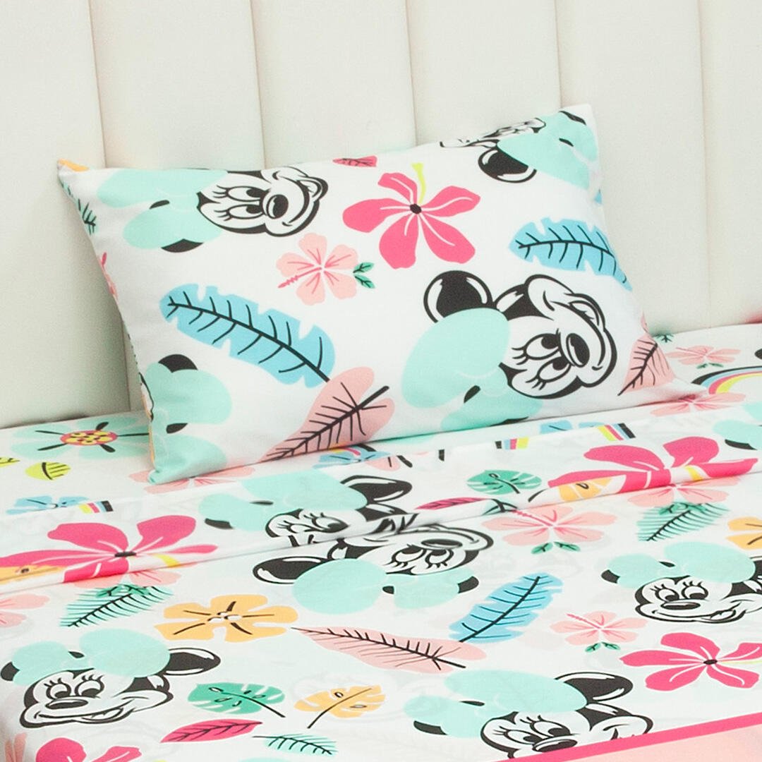 Combo Juego de Sabanas y Cortina Infantil Microfibra Sencilla 100 cm Blanco y Rosado de Minnie - Ropa de Cama | Bylmo