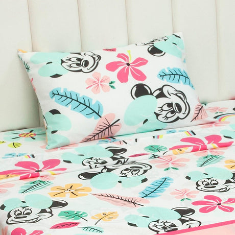 Combo Juego de Sabanas y Cortina Infantil Microfibra Sencilla 100 cm Blanco y Rosado de Minnie - Ropa de Cama | Bylmo