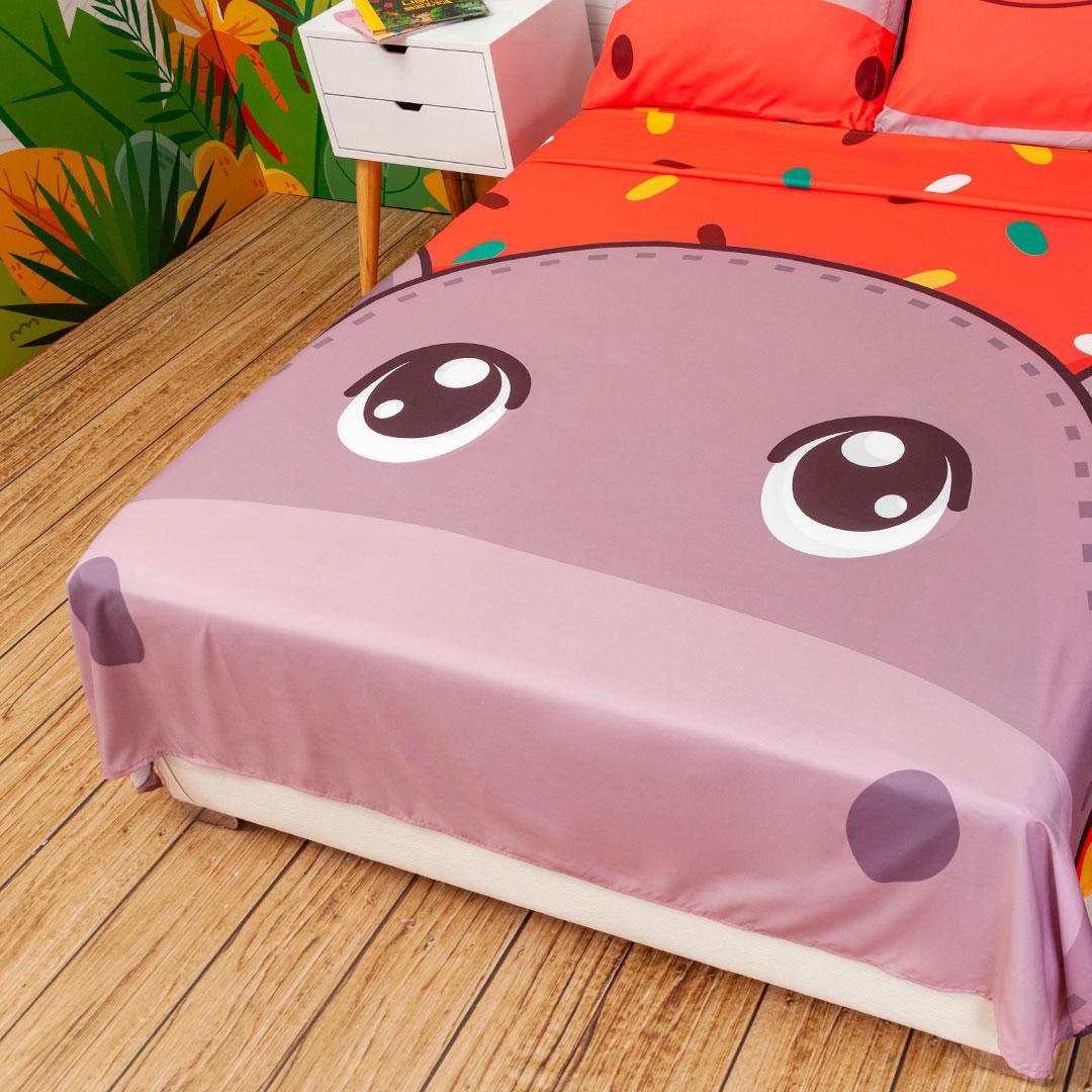 Juego de Sabanas Infantil Microfibra Doble 140 cm Rojo de Hipopotamo - Ropa de Cama | Bylmo