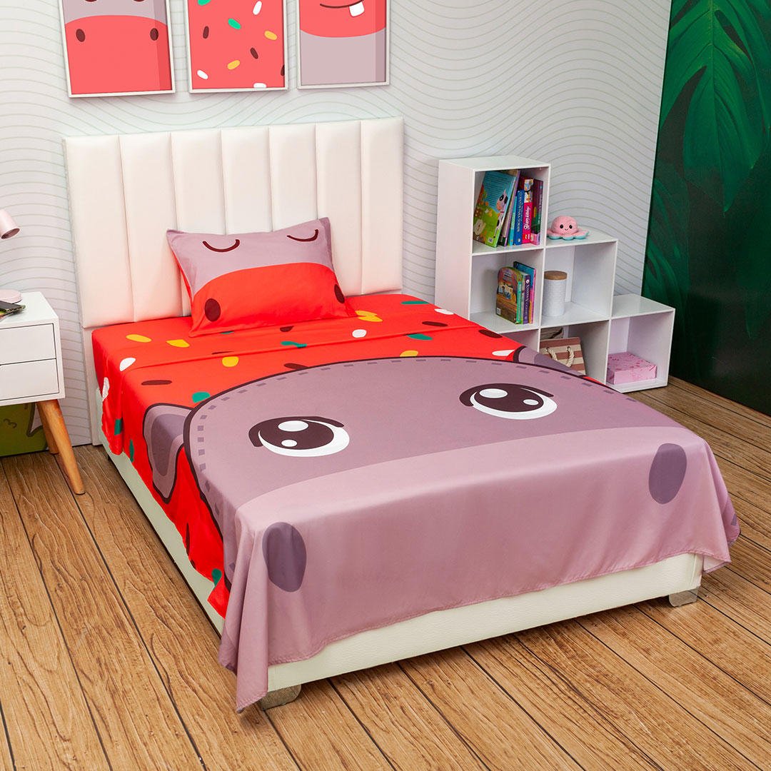Juego de Sabanas Infantil Microfibra Sencilla 100 cm Rojo de Hipopotamo - Ropa de Cama | Bylmo