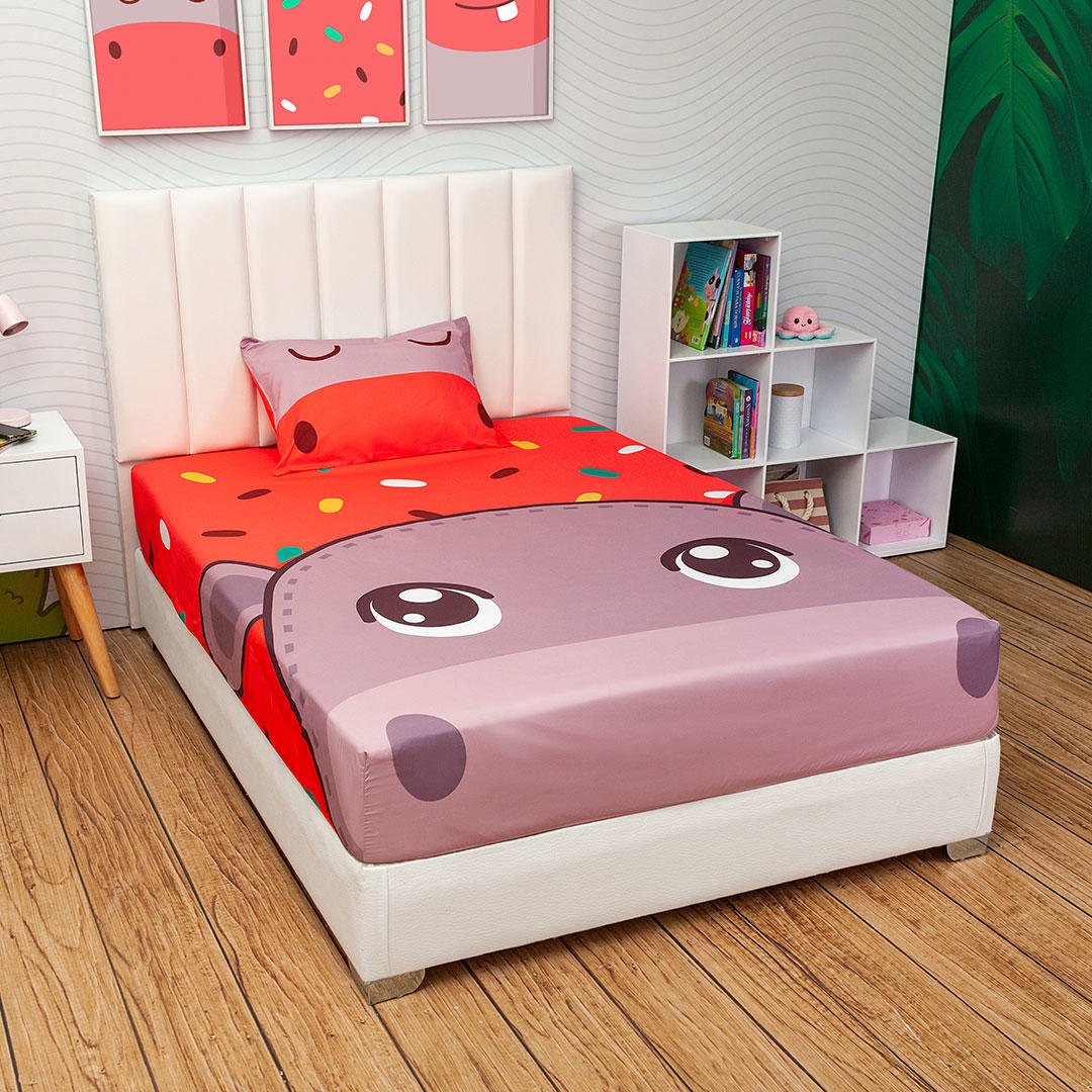 Juego de Sabanas Infantil Microfibra Sencilla 100 cm Rojo de Hipopotamo - Ropa de Cama | Bylmo