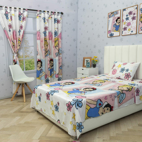 Combo Juego de Sabanas y Cortina Infantil Microfibra Sencilla 100 cm Blanco de Princesas - Ropa de Cama | Bylmo