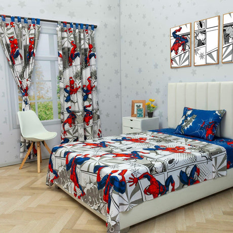 Combo Juego de Sabanas y Cortina Infantil Microfibra Sencilla 100 cm Blanco de Spiderman - Ropa de Cama | Bylmo