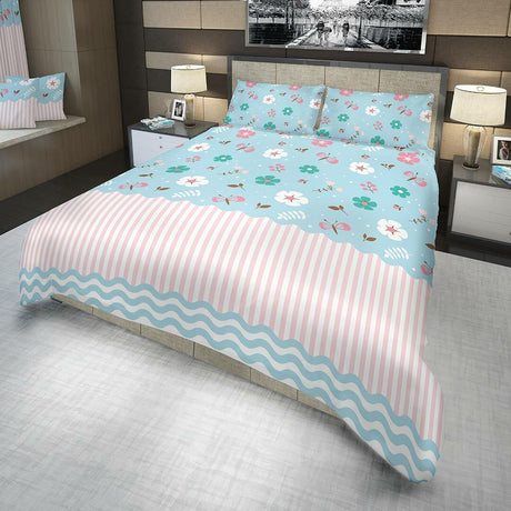 Juego de Sabanas Algodón 180 Hilos King 200 cm Azul con Flores Blancas y Rosadas - Ropa de Cama | Bylmo