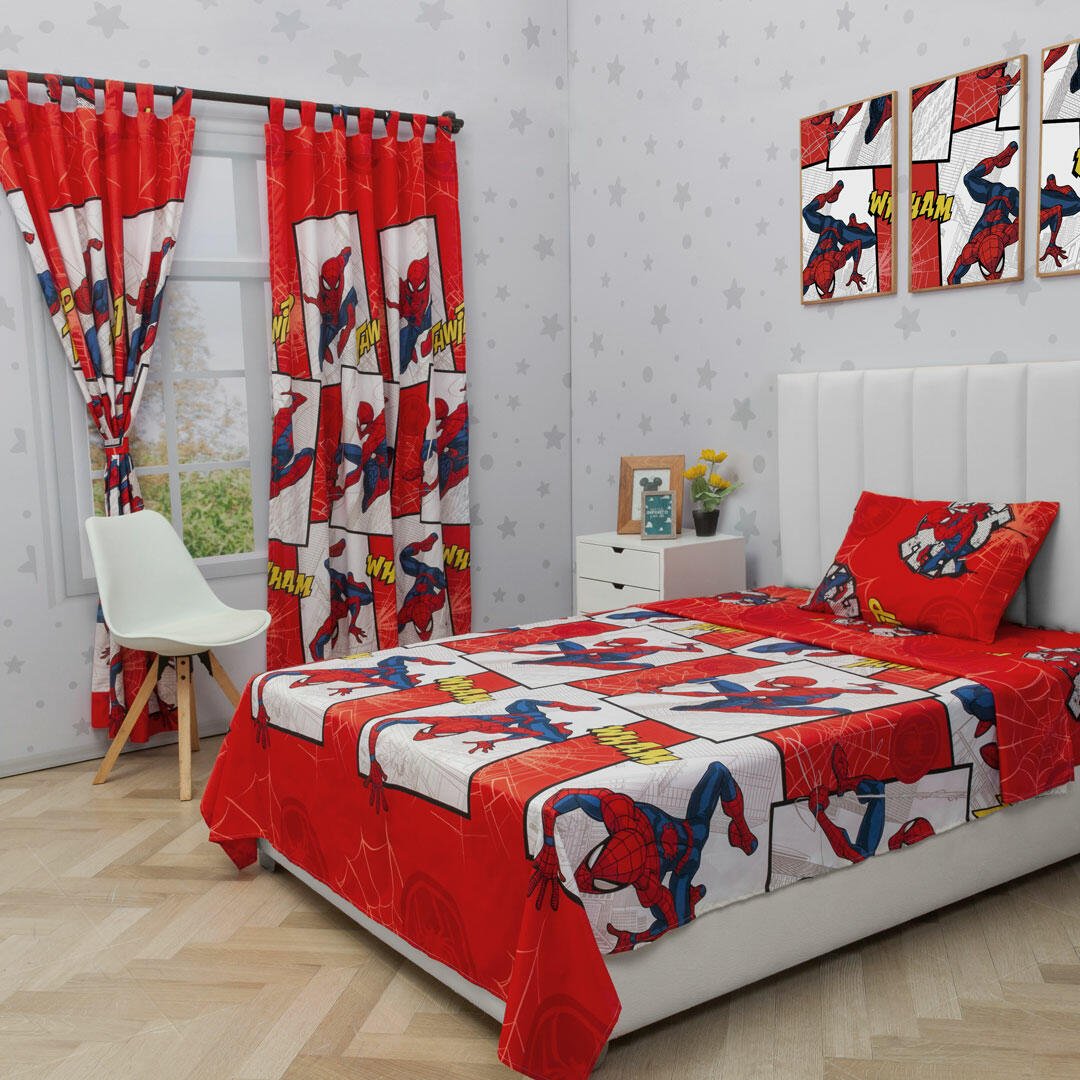 Combo Juego de Sabanas y Cortina Infantil Microfibra Sencilla 100 cm Rojo de Spiderman - Ropa de Cama | Bylmo