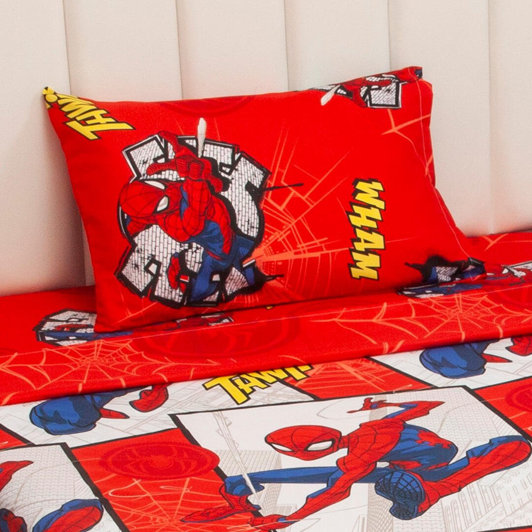 Combo Juego de Sabanas y Cortina Infantil Microfibra Sencilla 100 cm Rojo de Spiderman - Ropa de Cama | Bylmo