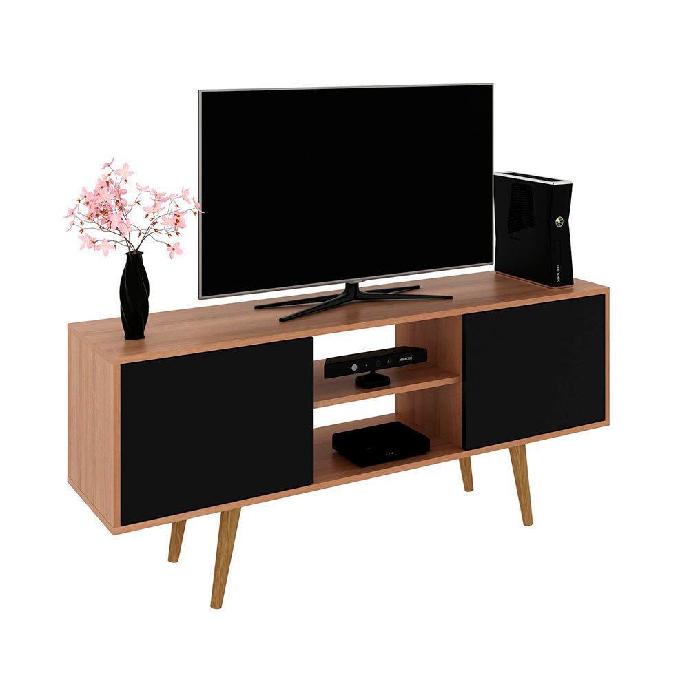 Rack de TV Ecuador Almendra y Negro 136x59.5cm Para TV Hasta 55 Pulgadas con Dos Cajones y con Patas - Muebles para TV | Bylmo