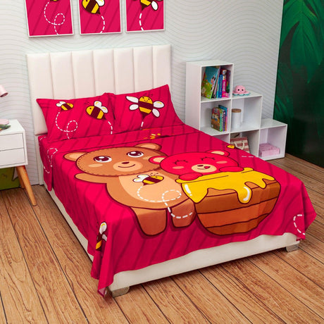 Juego de Sabanas Infantil Microfibra Doble 140 cm Fucsia de Osos y Abejas - Ropa de Cama | Bylmo