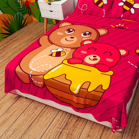 Juego de Sabanas Infantil Microfibra Doble 140 cm Fucsia de Osos y Abejas - Ropa de Cama | Bylmo