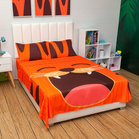 Juego de Sabanas Infantil Microfibra Semidoble 120 cm Naranja de Tigre - Ropa de Cama | Bylmo