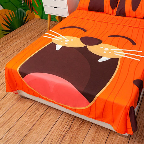 Juego de Sabanas Infantil Microfibra Semidoble 120 cm Naranja de Tigre - Ropa de Cama | Bylmo